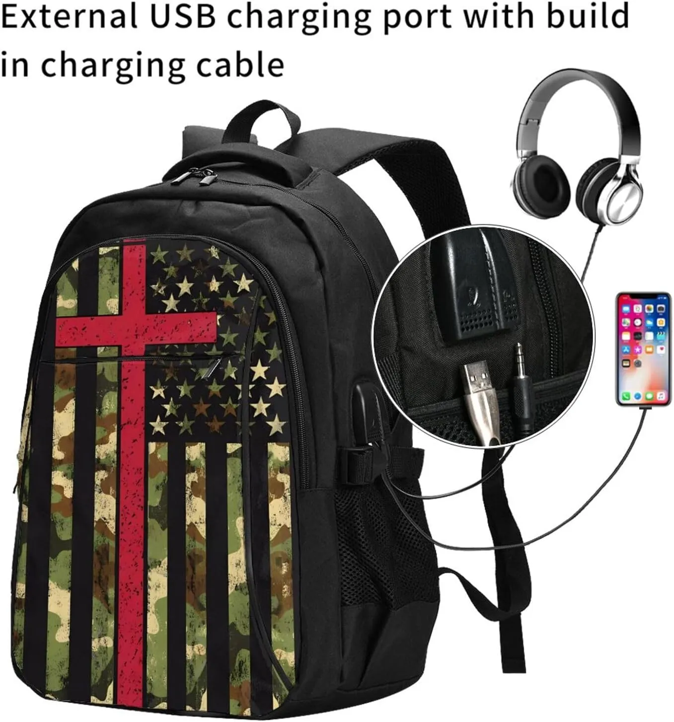 American Camo Flag Christian Cross Travel Backpack Laptop Backpacks Business Rucksack Outdoor Daypack Large Sport Bag with Luggage Strap USB Charging Port for Hiking Working