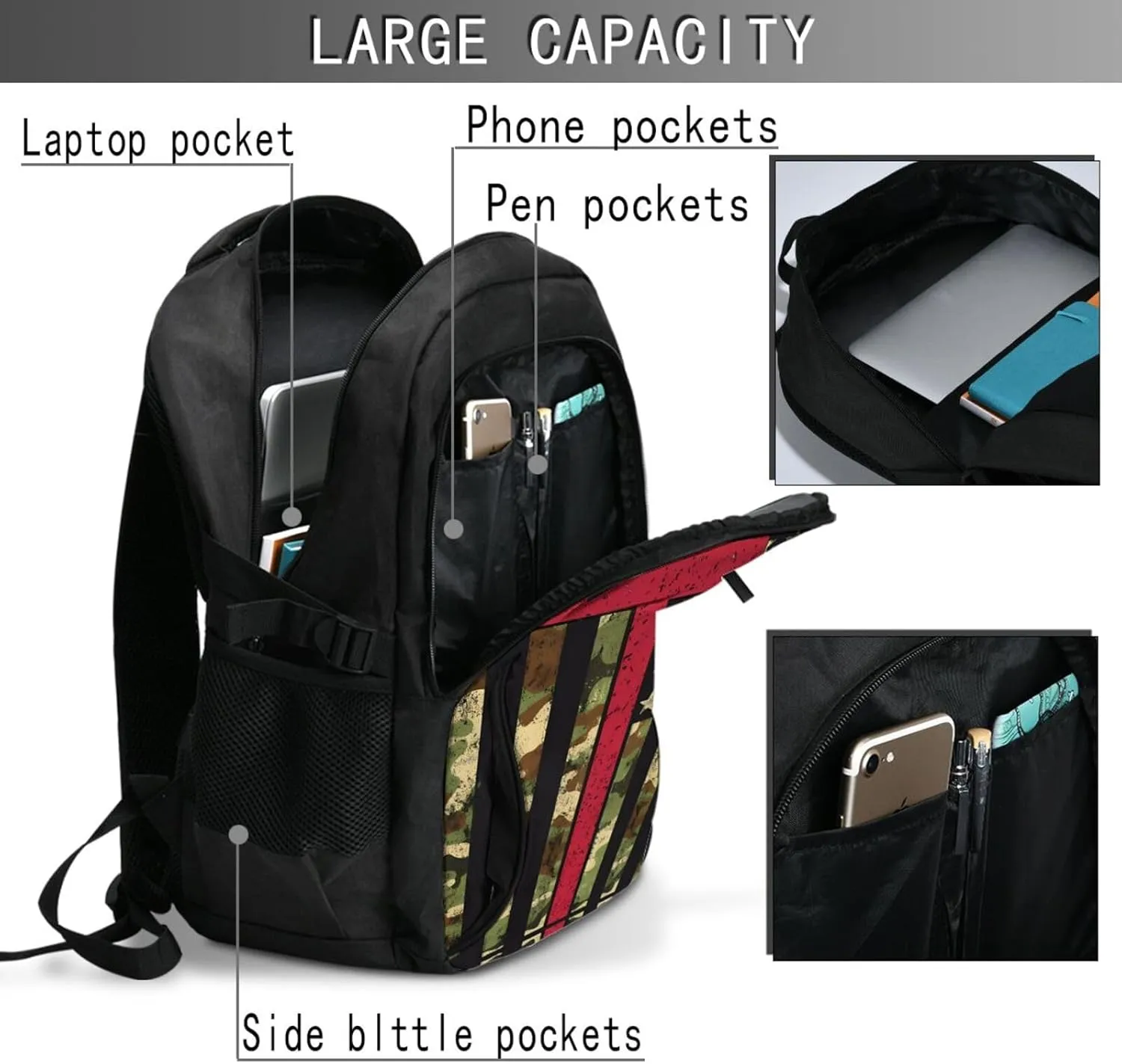 American Camo Flag Christian Cross Travel Backpack Laptop Backpacks Business Rucksack Outdoor Daypack Large Sport Bag with Luggage Strap USB Charging Port for Hiking Working