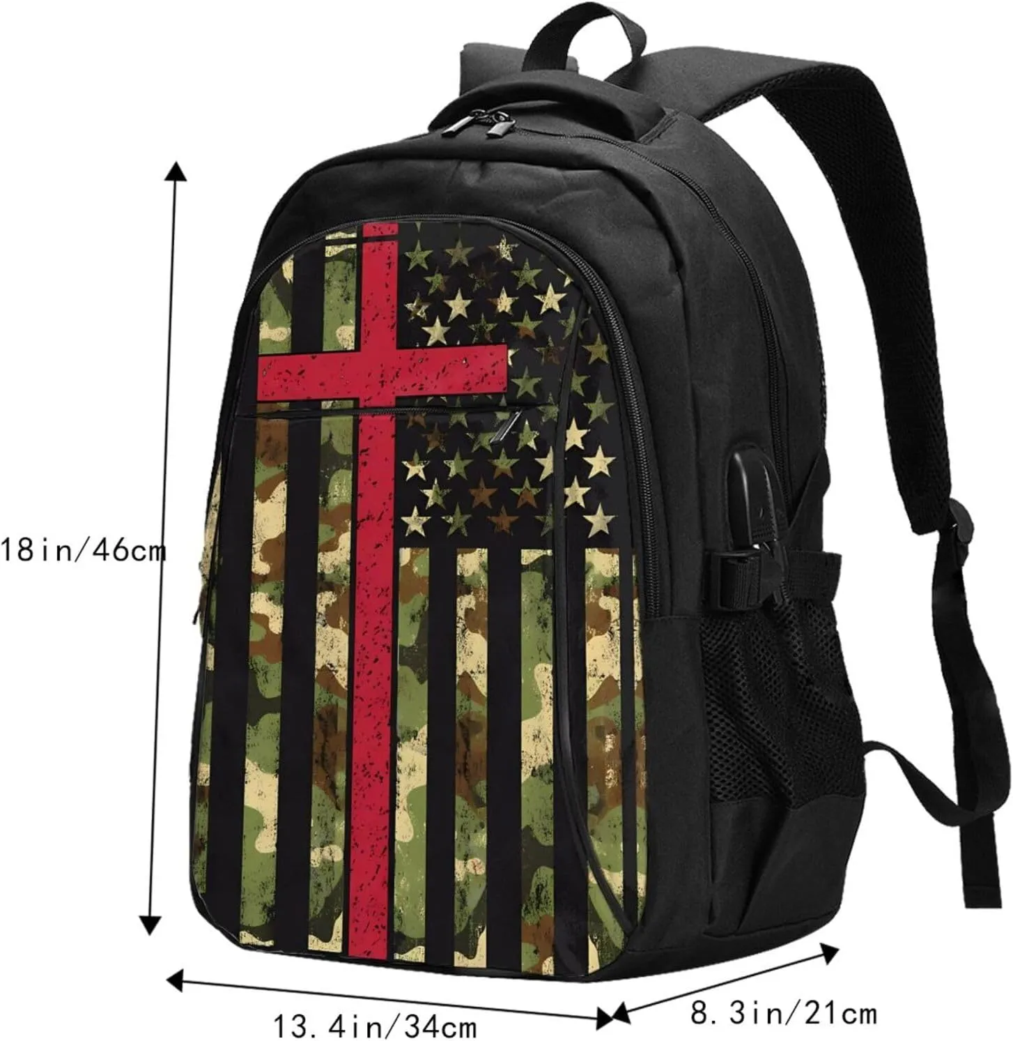 American Camo Flag Christian Cross Travel Backpack Laptop Backpacks Business Rucksack Outdoor Daypack Large Sport Bag with Luggage Strap USB Charging Port for Hiking Working