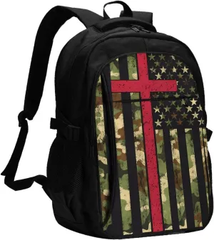 American Camo Flag Christian Cross Travel Backpack Laptop Backpacks Business Rucksack Outdoor Daypack Large Sport Bag with Luggage Strap USB Charging Port for Hiking Working