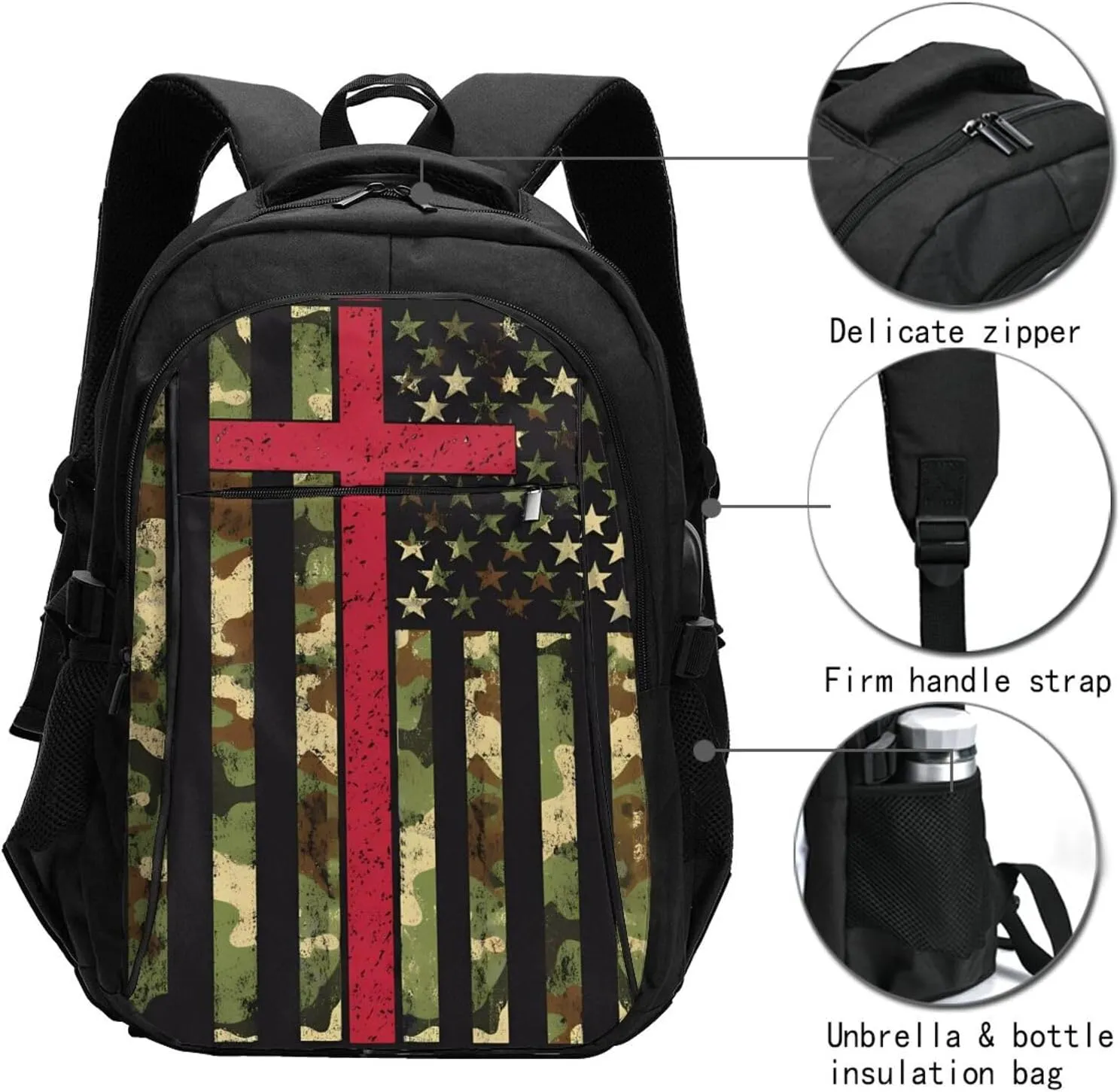 American Camo Flag Christian Cross Travel Backpack Laptop Backpacks Business Rucksack Outdoor Daypack Large Sport Bag with Luggage Strap USB Charging Port for Hiking Working