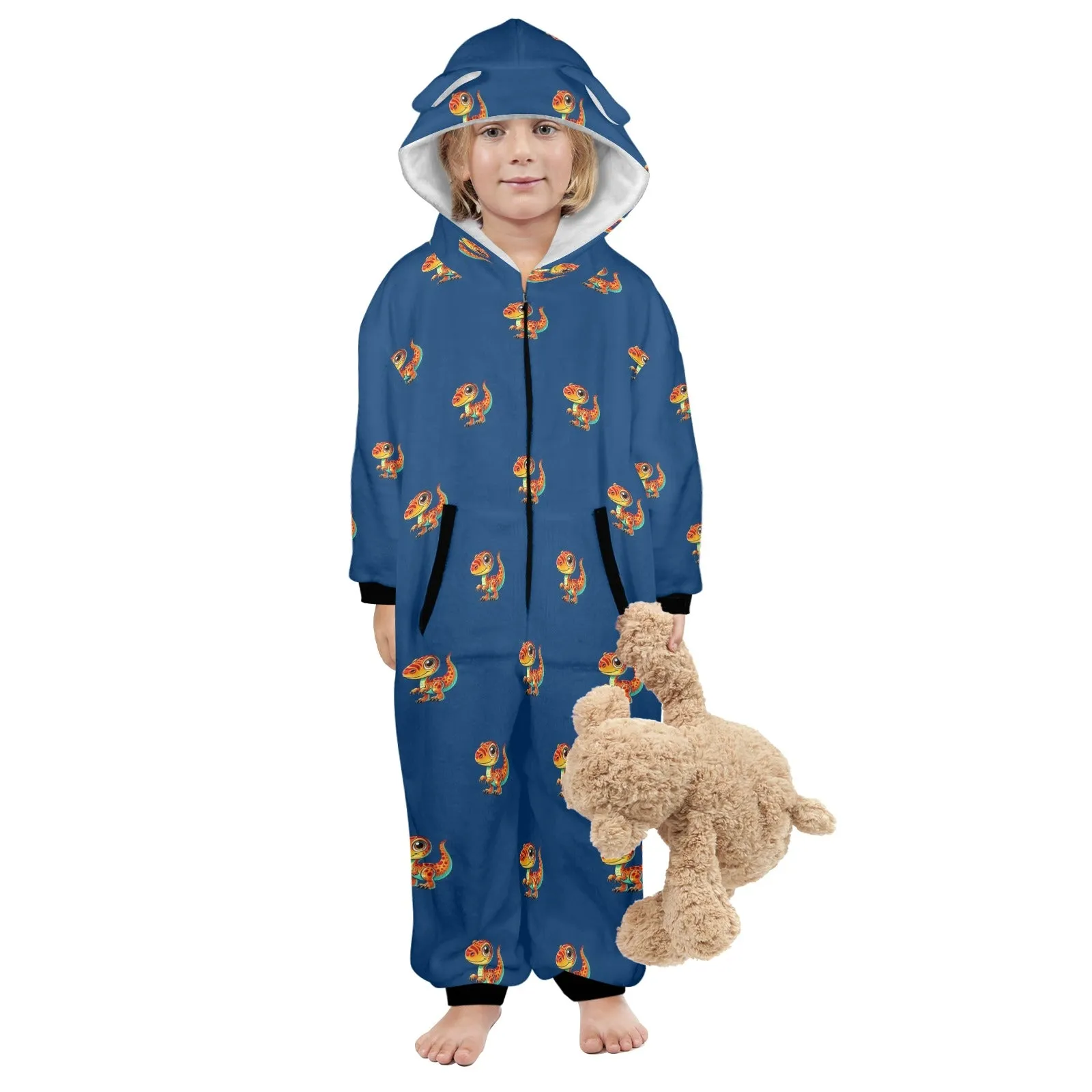 blue blue dinosaur print 10 One-Piece Zip up Hooded Pajamas for Little Kids