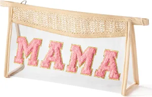 Boho Patch Cosmetic Bag - Mother's Day Preppy MAMA Pink Chenille Varsity Letter Clear Toiletry Kit Waterproof Portable Woven Makeup Bag PVC Purse Travel Makeup Pouch for Mom Women Ladies
