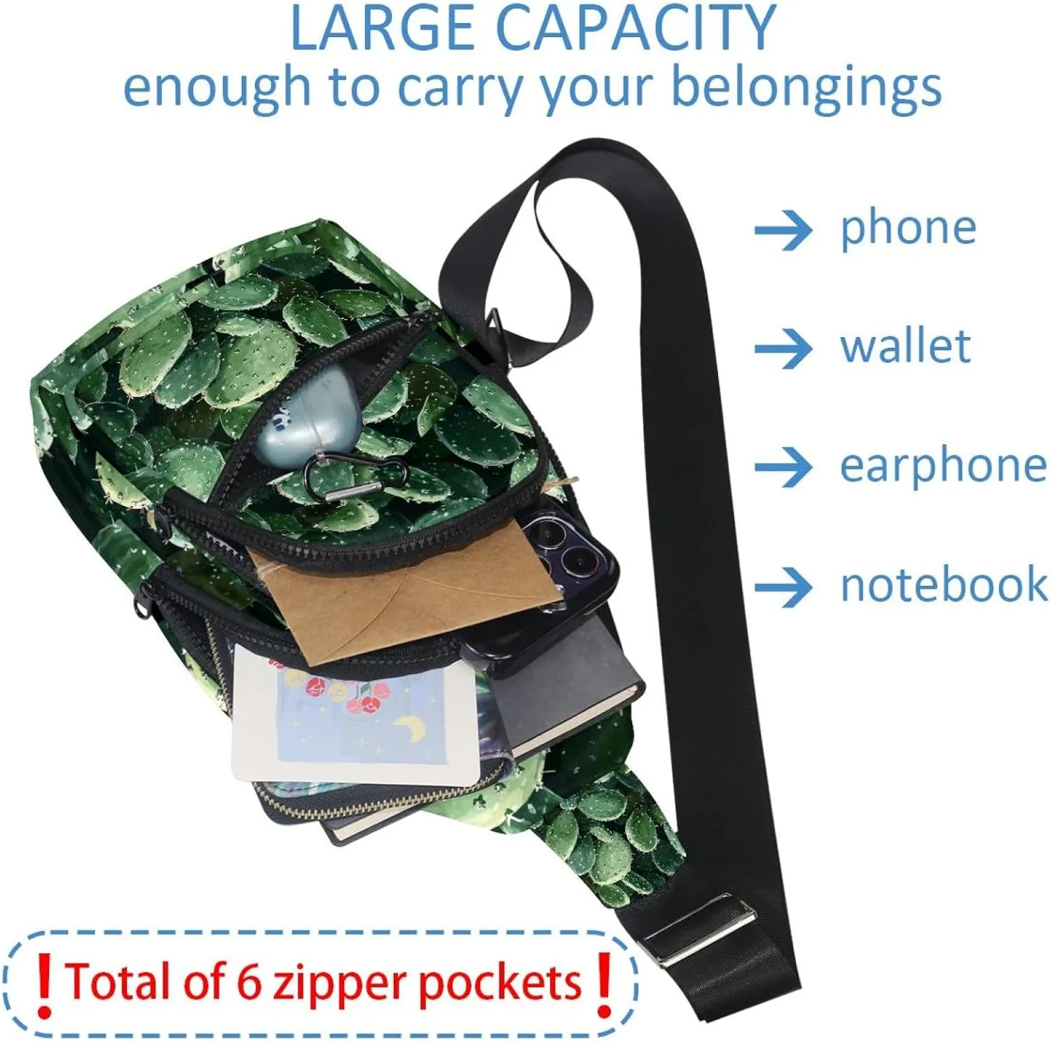 Cactus Plants Crossbody Bag with Adjustable Shoulder Strap, Shoulder Bag for Men and Women Sling Backpack for Travel, Cycling, Work, Sport