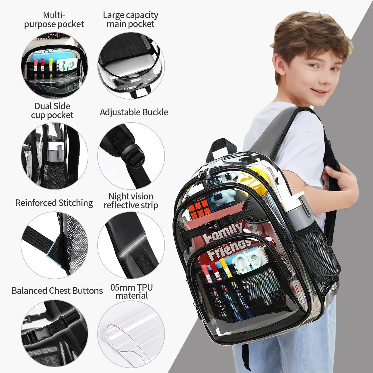 Cusangel Clear kids Backpack for Boys Girls,Black tpu Heavy Duty 16in Transparent Bookbag for School,Student children Bag Stadium Approved See Through Backpack,Stitch Bag durability