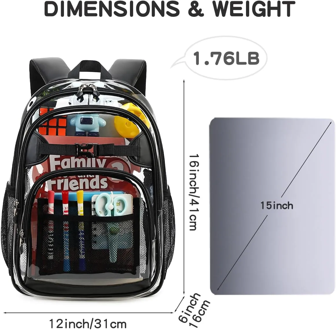 Cusangel Clear kids Backpack for Boys Girls,Black tpu Heavy Duty 16in Transparent Bookbag for School,Student children Bag Stadium Approved See Through Backpack,Stitch Bag durability