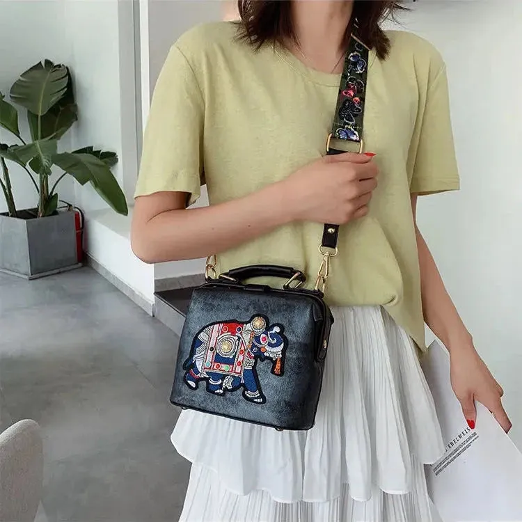 Denim Indo-Western Fusion Bag with Elephant Pattern