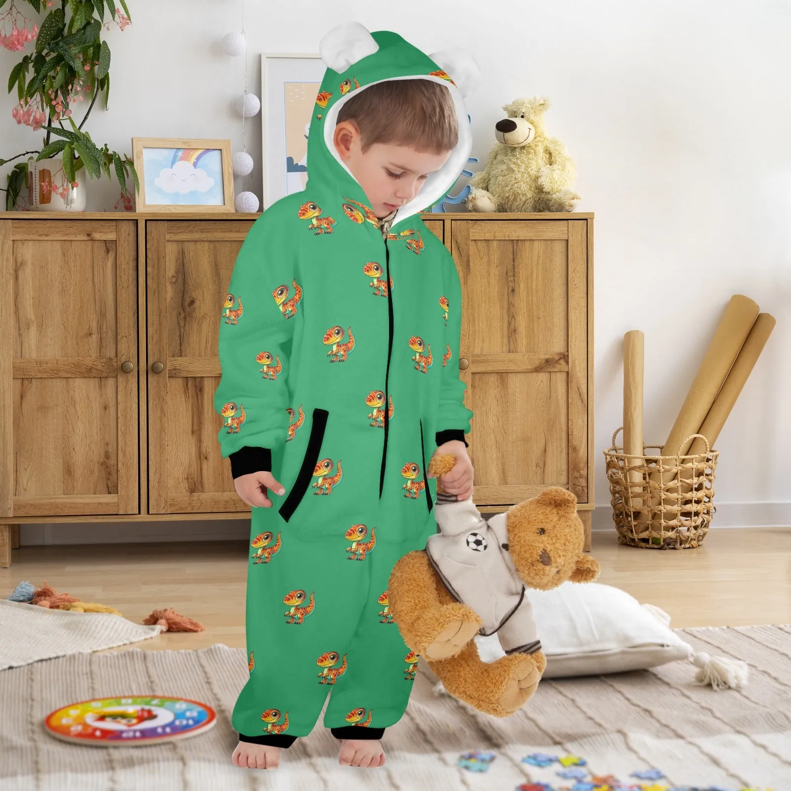 dinosaur green print 10 One-Piece Zip up Hooded Pajamas for Little Kids