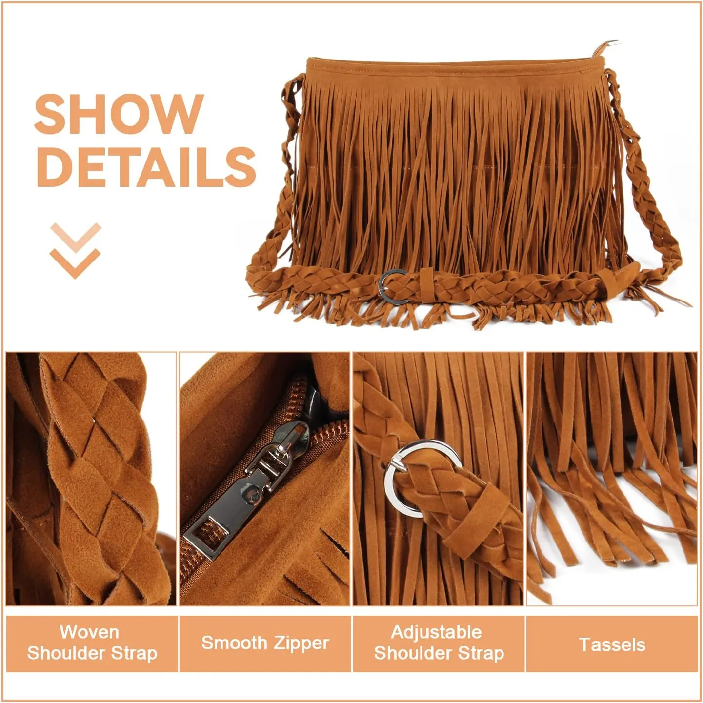 Fecialy Faux Suede Fringe Crossbody Bags for Women Western Hippie Shoulder Bag Messenger Bag Sling Bag