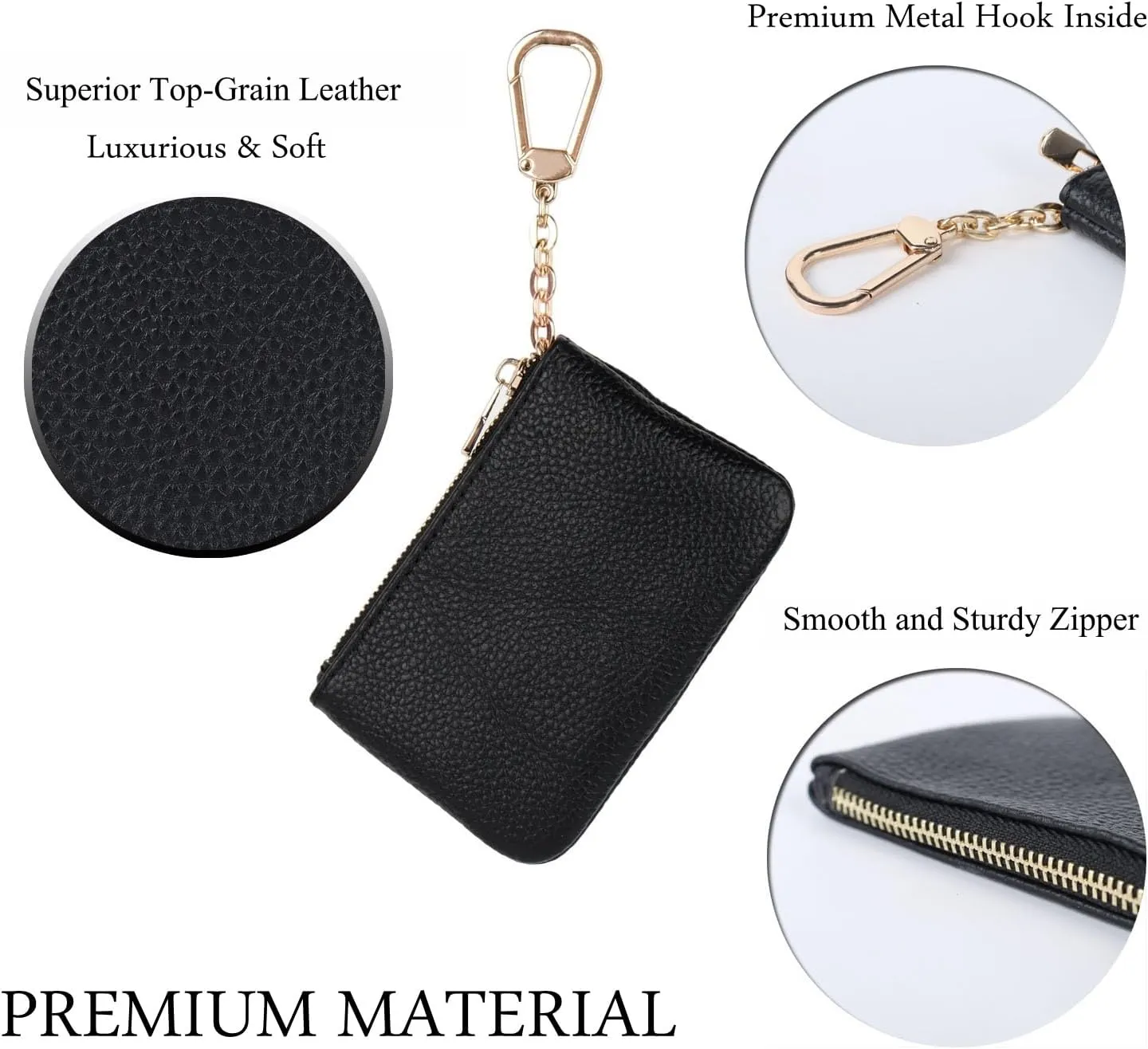 Full Grain Leather Coin Purse With Key Chain - Small Change Purse Card Holder Keychain Pouch Wallet for Women and Men (Black)