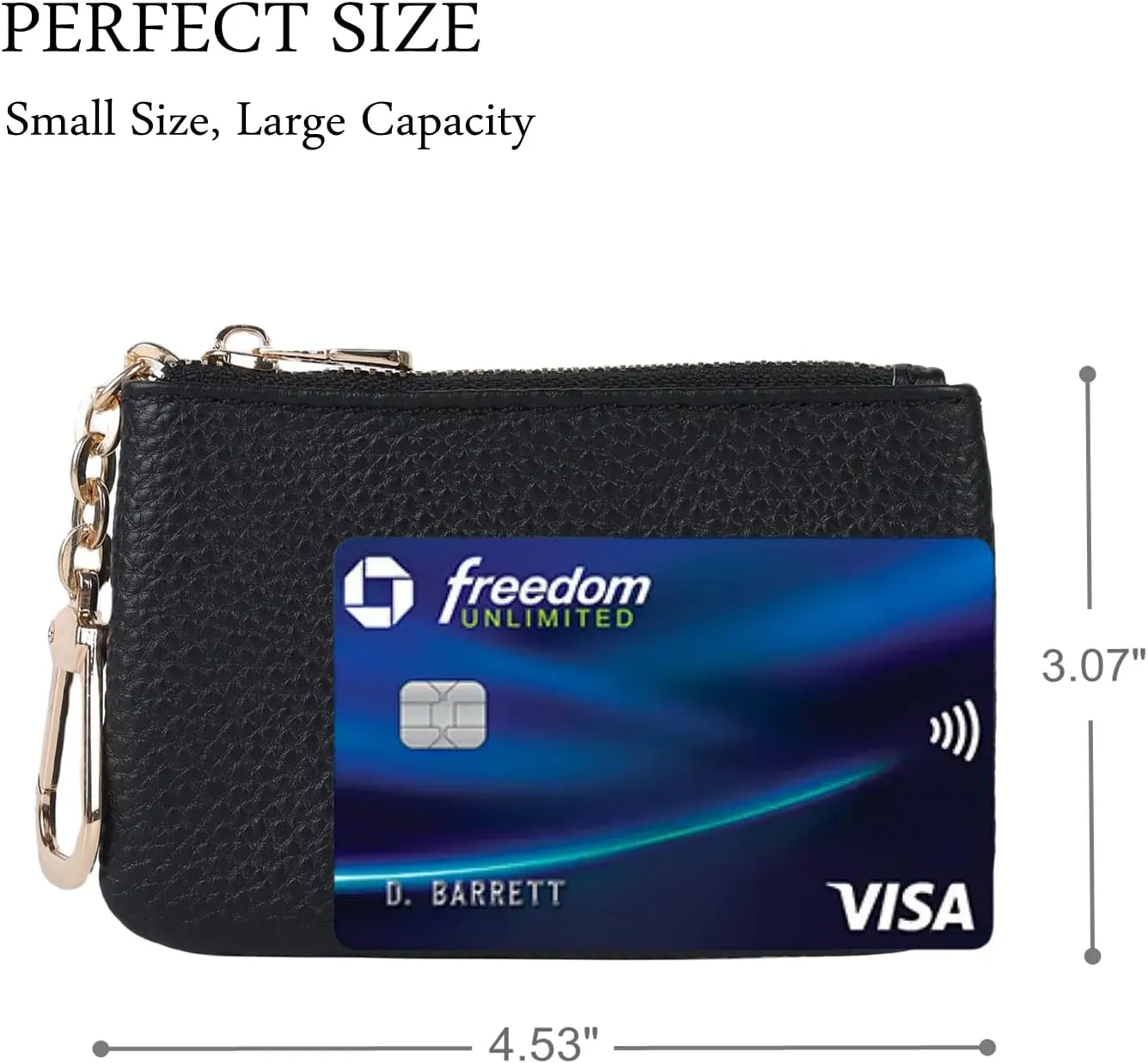 Full Grain Leather Coin Purse With Key Chain - Small Change Purse Card Holder Keychain Pouch Wallet for Women and Men (Black)