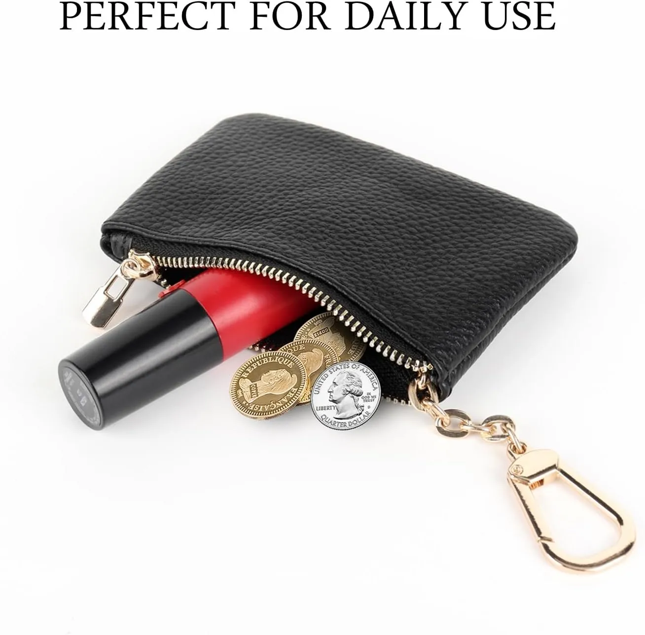 Full Grain Leather Coin Purse With Key Chain - Small Change Purse Card Holder Keychain Pouch Wallet for Women and Men (Black)