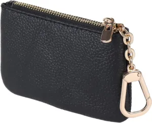 Full Grain Leather Coin Purse With Key Chain - Small Change Purse Card Holder Keychain Pouch Wallet for Women and Men (Black)