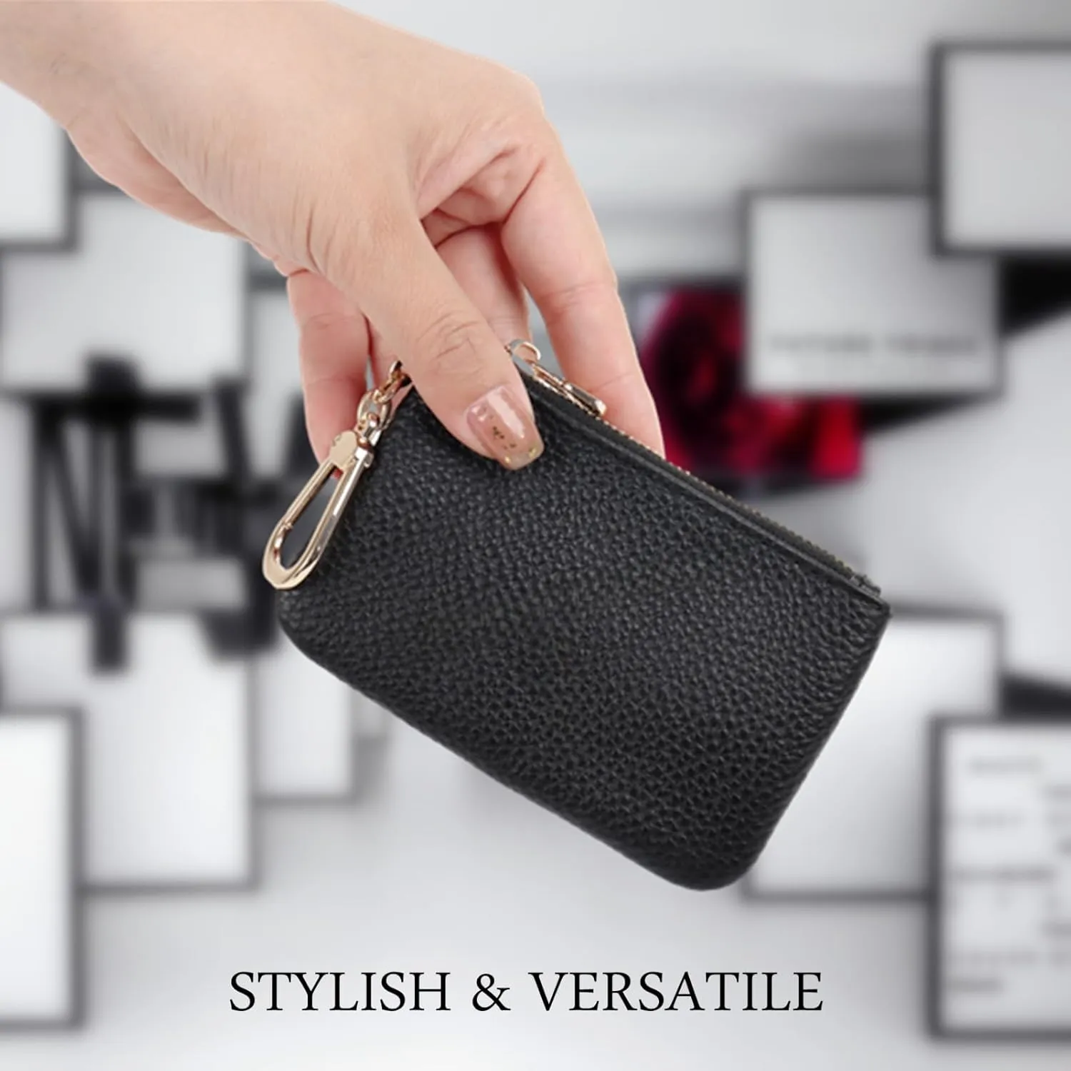 Full Grain Leather Coin Purse With Key Chain - Small Change Purse Card Holder Keychain Pouch Wallet for Women and Men (Black)