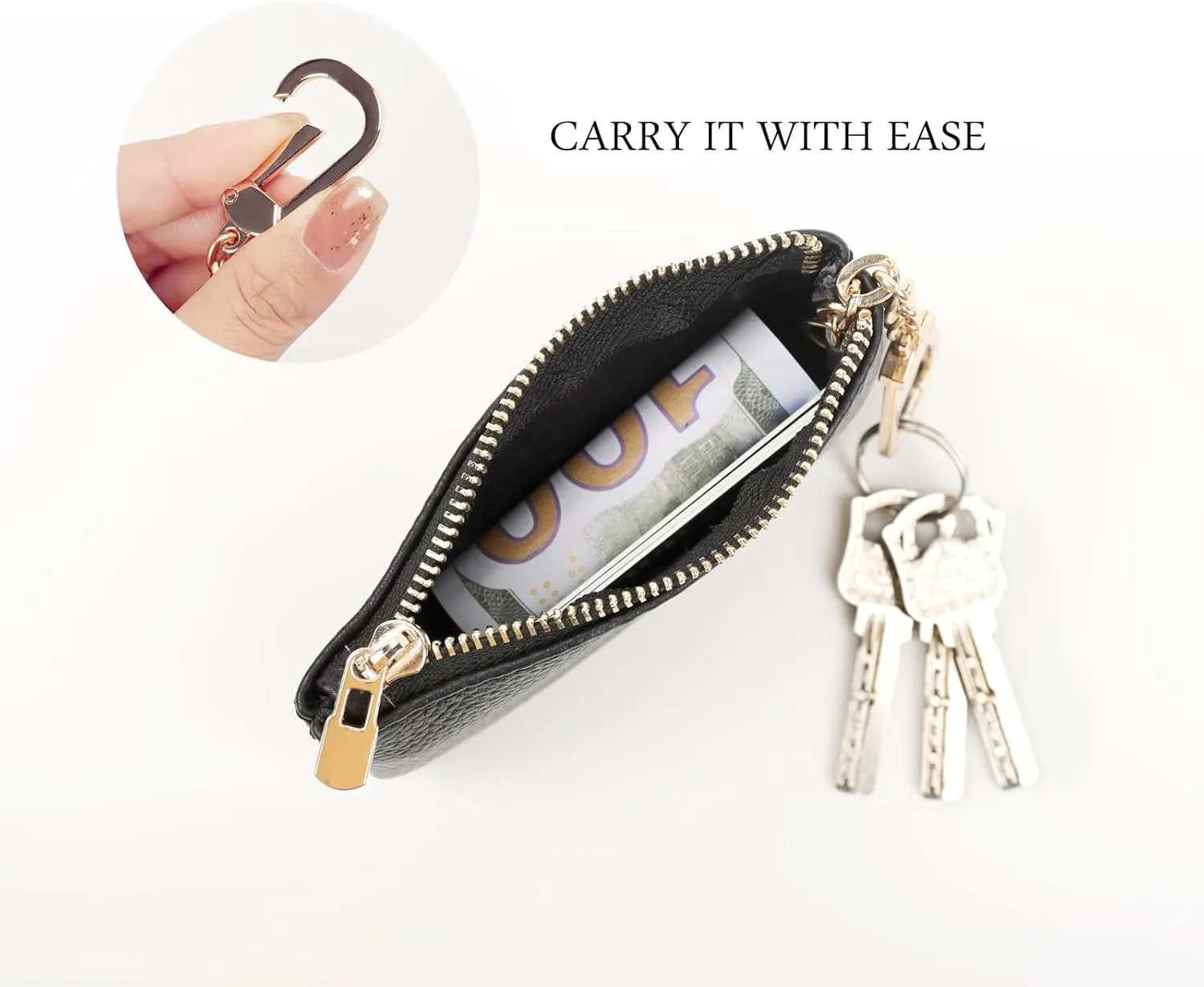 Full Grain Leather Coin Purse With Key Chain - Small Change Purse Card Holder Keychain Pouch Wallet for Women and Men (Black)