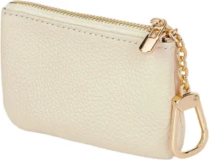 Full Grain Leather Coin Purse with Key Chain - Small Change Purse Keychain Card Holder Keychain Pouch Small Keychain Wallet for Women and Men (Creamy-white), LA-2312