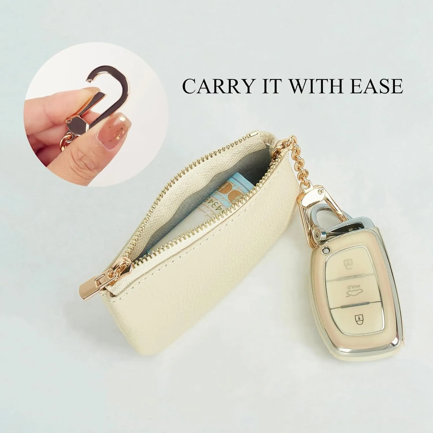 Full Grain Leather Coin Purse with Key Chain - Small Change Purse Keychain Card Holder Keychain Pouch Small Keychain Wallet for Women and Men (Creamy-white), LA-2312