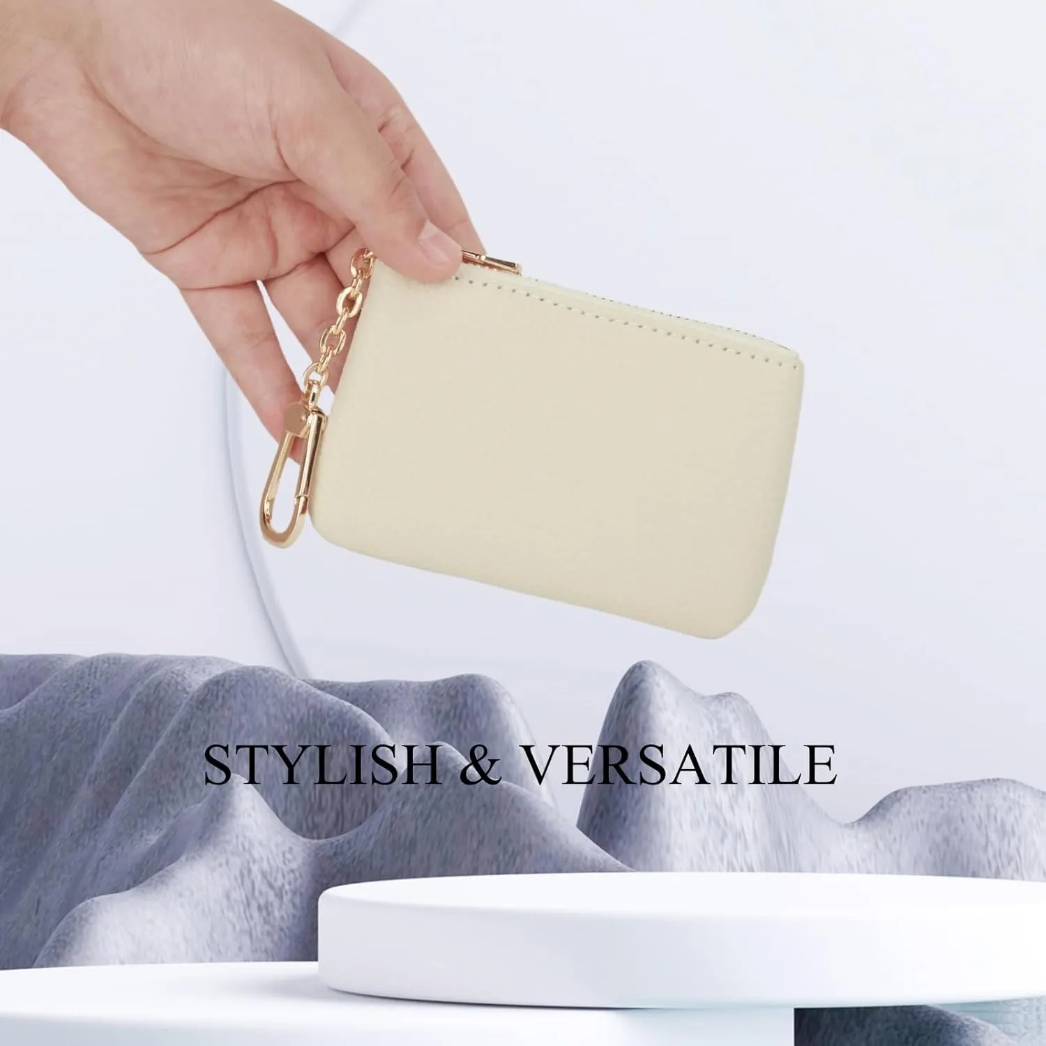 Full Grain Leather Coin Purse with Key Chain - Small Change Purse Keychain Card Holder Keychain Pouch Small Keychain Wallet for Women and Men (Creamy-white), LA-2312