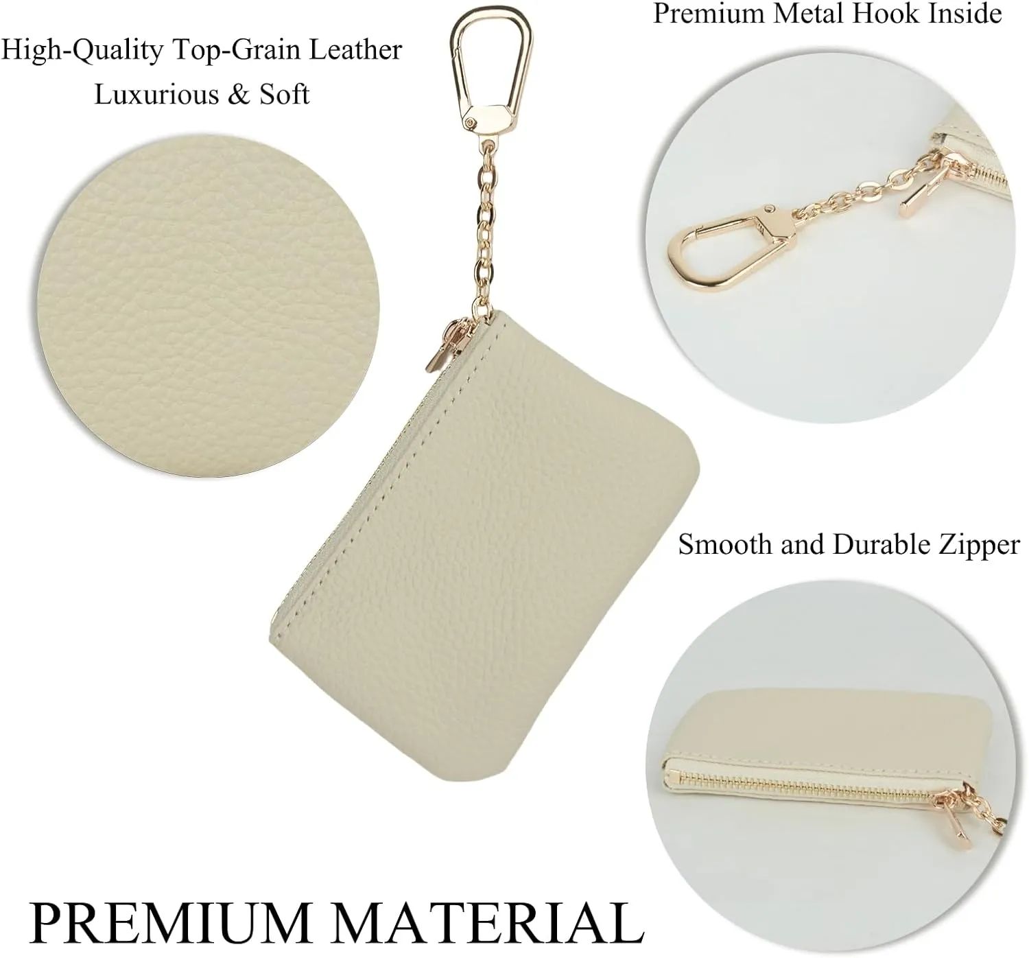 Full Grain Leather Coin Purse with Key Chain - Small Change Purse Keychain Card Holder Keychain Pouch Small Keychain Wallet for Women and Men (Creamy-white), LA-2312