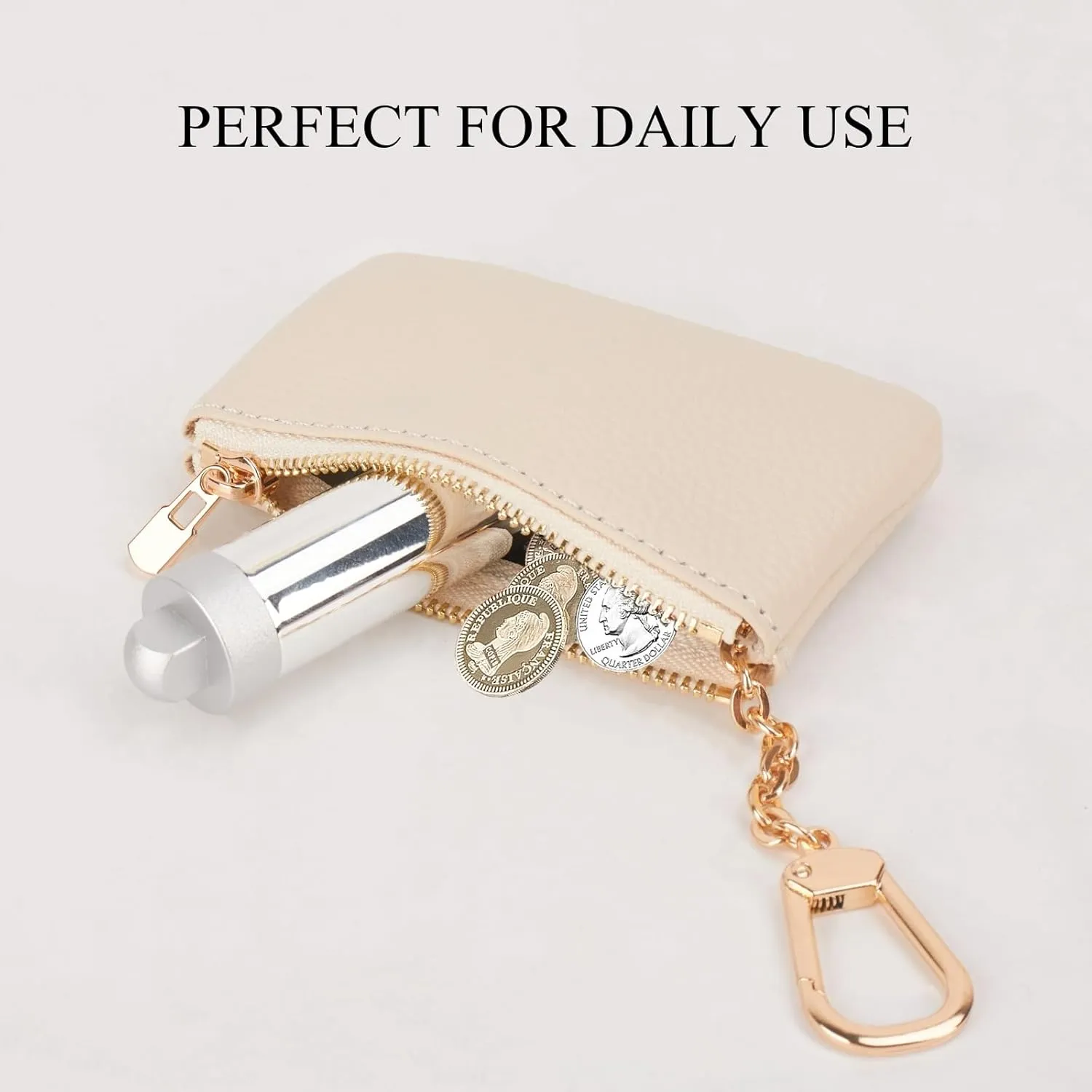 Full Grain Leather Coin Purse with Key Chain - Small Change Purse Keychain Card Holder Keychain Pouch Small Keychain Wallet for Women and Men (Creamy-white), LA-2312