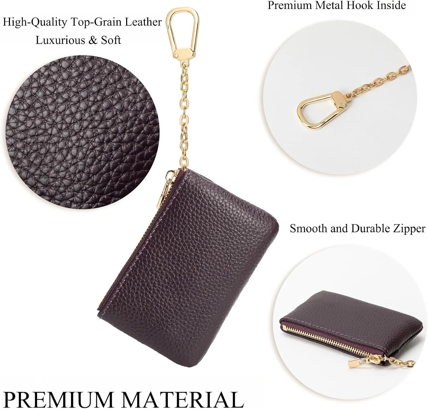 Full Grain Leather Coin Purse with Key Chain - Small Change Purse Keychain Card Holder Keychain Pouch Small Keychain Wallet for Women and Men (Eggplant Purple)