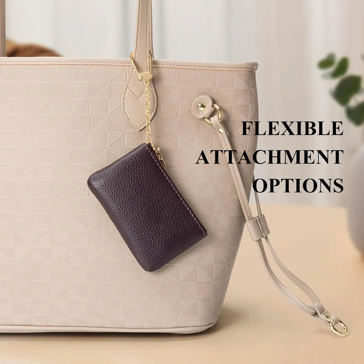 Full Grain Leather Coin Purse with Key Chain - Small Change Purse Keychain Card Holder Keychain Pouch Small Keychain Wallet for Women and Men (Eggplant Purple)