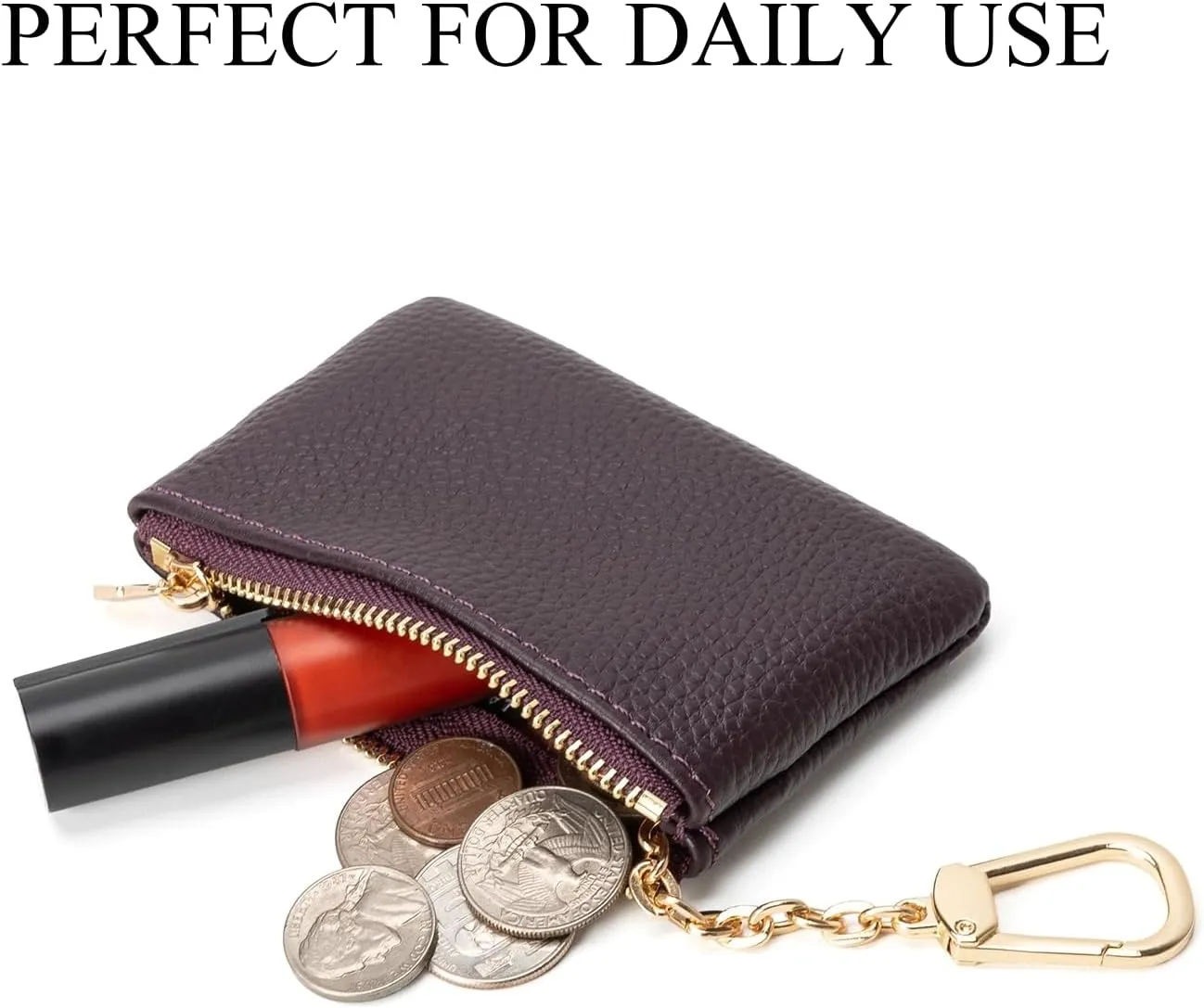 Full Grain Leather Coin Purse with Key Chain - Small Change Purse Keychain Card Holder Keychain Pouch Small Keychain Wallet for Women and Men (Eggplant Purple)