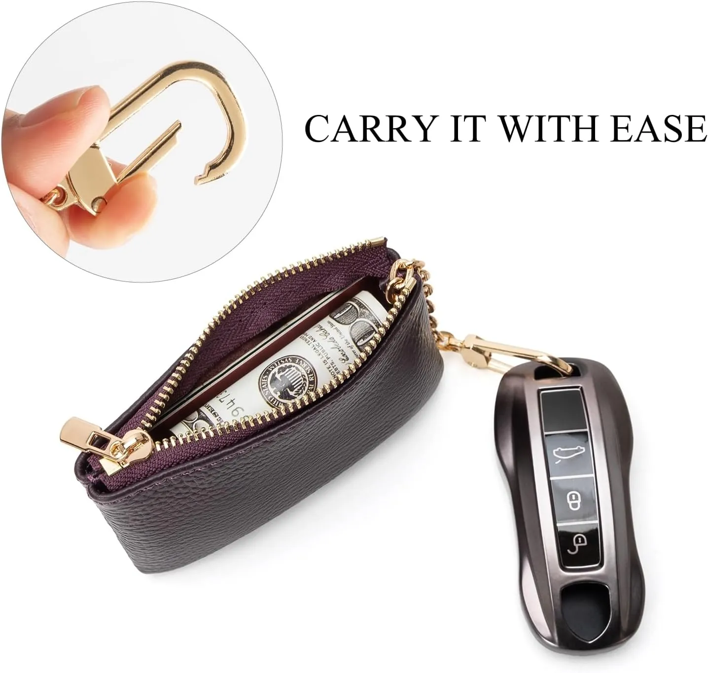 Full Grain Leather Coin Purse with Key Chain - Small Change Purse Keychain Card Holder Keychain Pouch Small Keychain Wallet for Women and Men (Eggplant Purple)