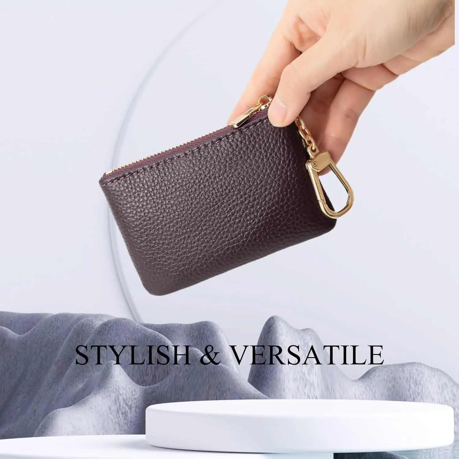Full Grain Leather Coin Purse with Key Chain - Small Change Purse Keychain Card Holder Keychain Pouch Small Keychain Wallet for Women and Men (Eggplant Purple)