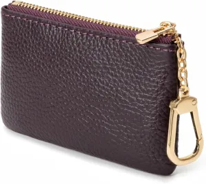 Full Grain Leather Coin Purse with Key Chain - Small Change Purse Keychain Card Holder Keychain Pouch Small Keychain Wallet for Women and Men (Eggplant Purple)