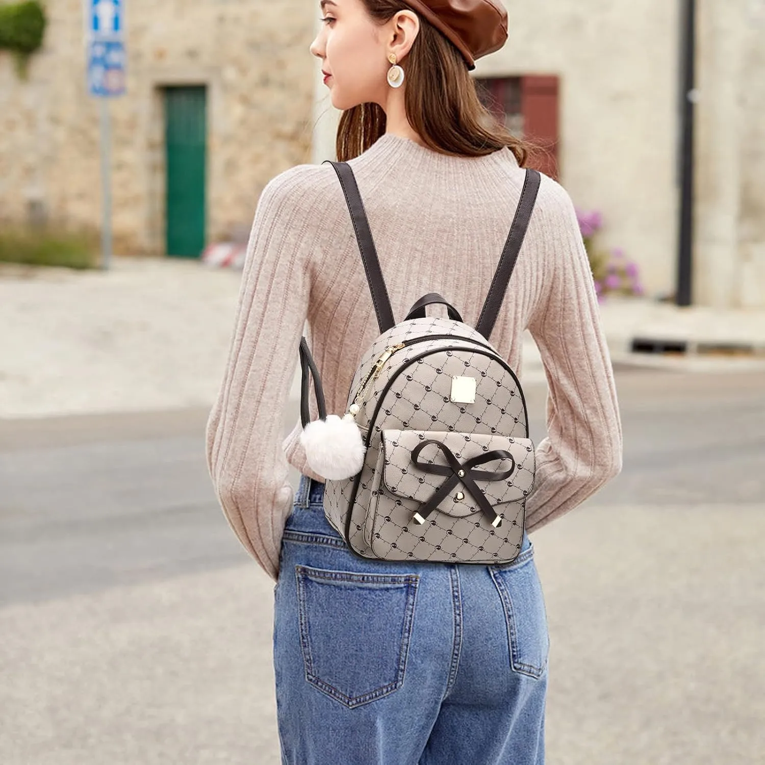 I IHAYNER Girls Bowknot 3-Pieces Fahsion Leather Backpack Backpack Purse for Women Rucksack for Ladies Shoulder Bag