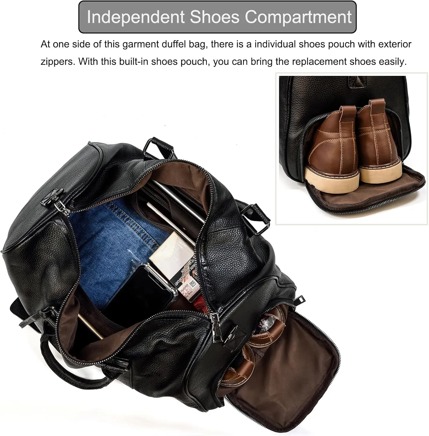 Leather Travel Bag for Men Large Capacity Luggage Duffel Bag with Shoe Compartment, Weekend Handbag for Holiday Business Trip 45cm, Black