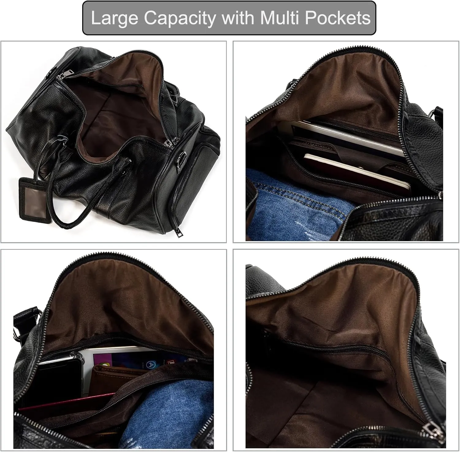 Leather Travel Bag for Men Large Capacity Luggage Duffel Bag with Shoe Compartment, Weekend Handbag for Holiday Business Trip 45cm, Black