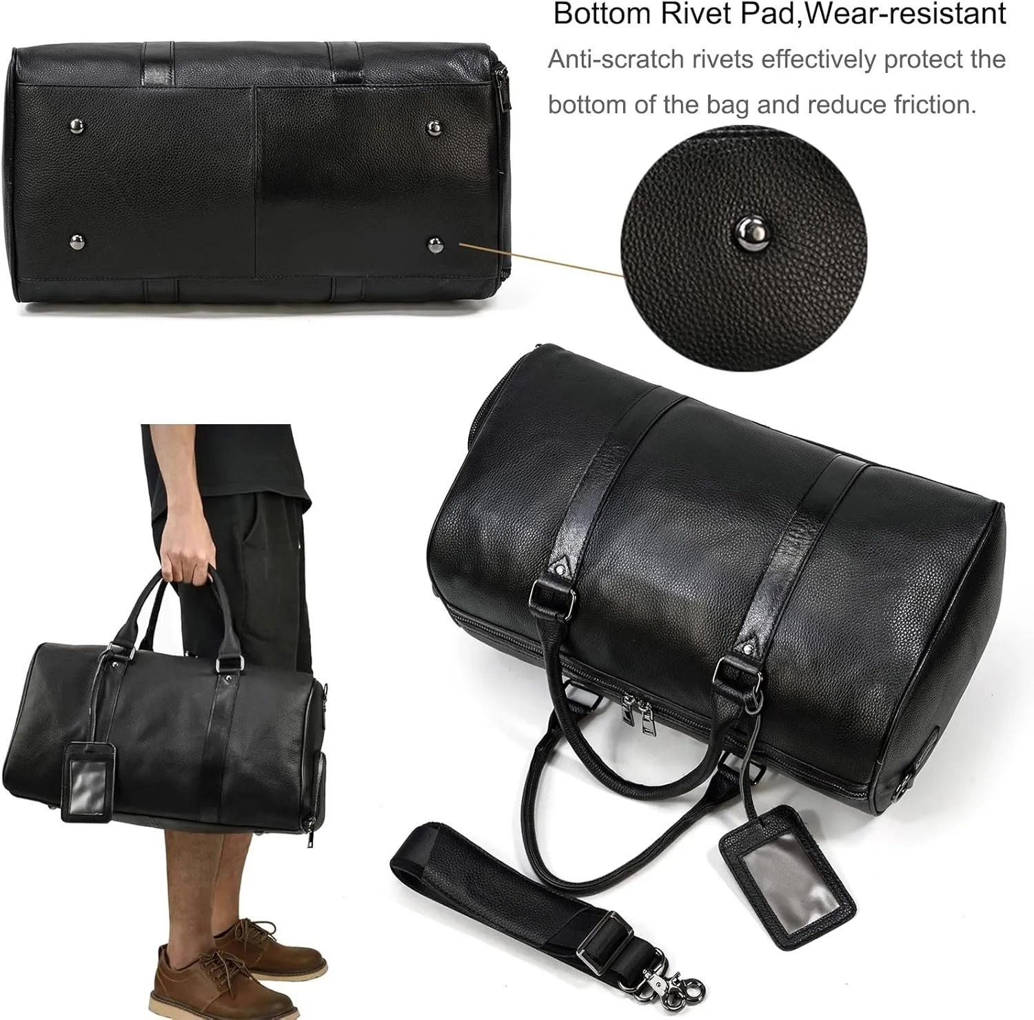 Leather Travel Bag for Men Large Capacity Luggage Duffel Bag with Shoe Compartment, Weekend Handbag for Holiday Business Trip 45cm, Black