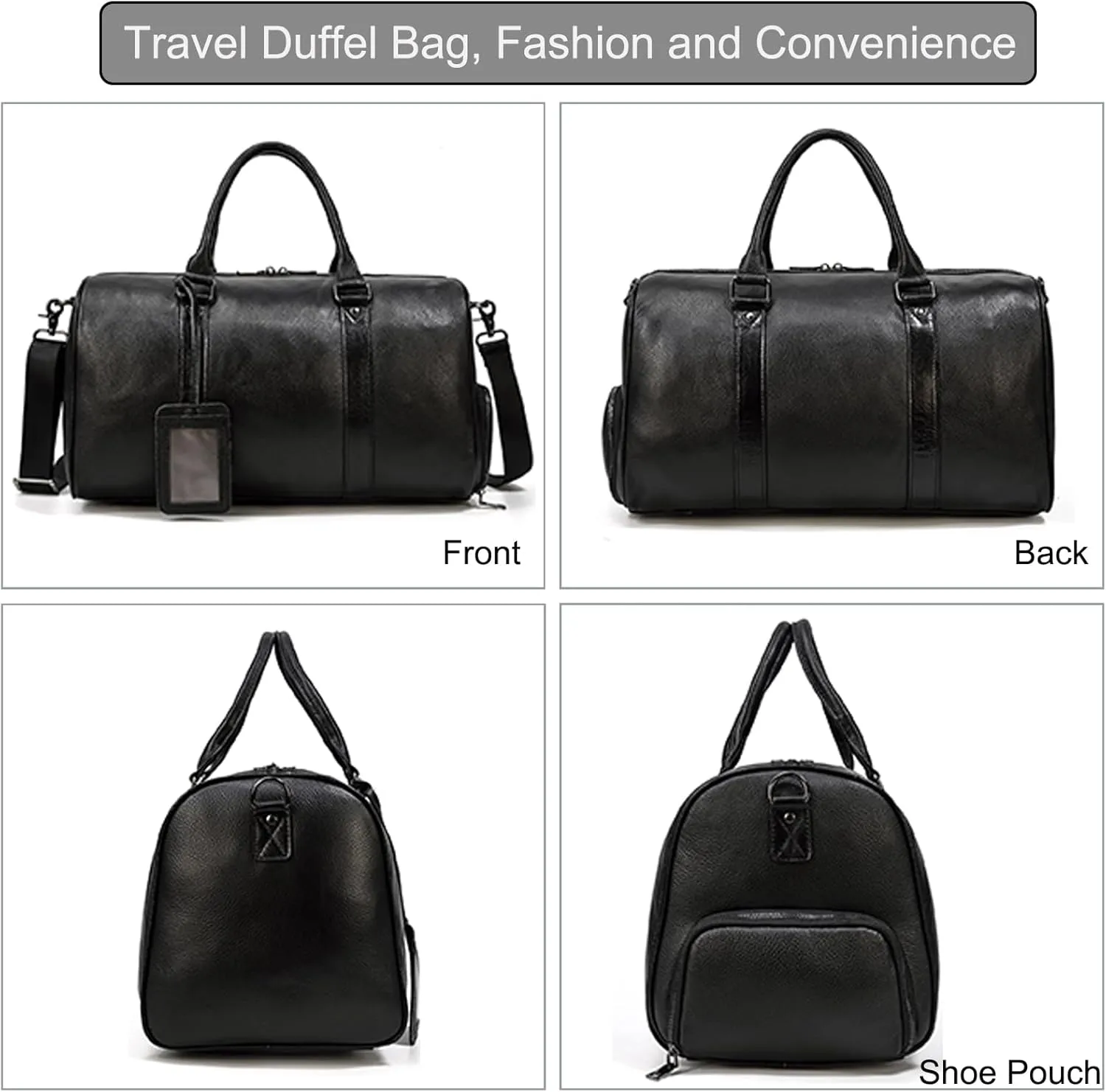 Leather Travel Bag for Men Large Capacity Luggage Duffel Bag with Shoe Compartment, Weekend Handbag for Holiday Business Trip 45cm, Black