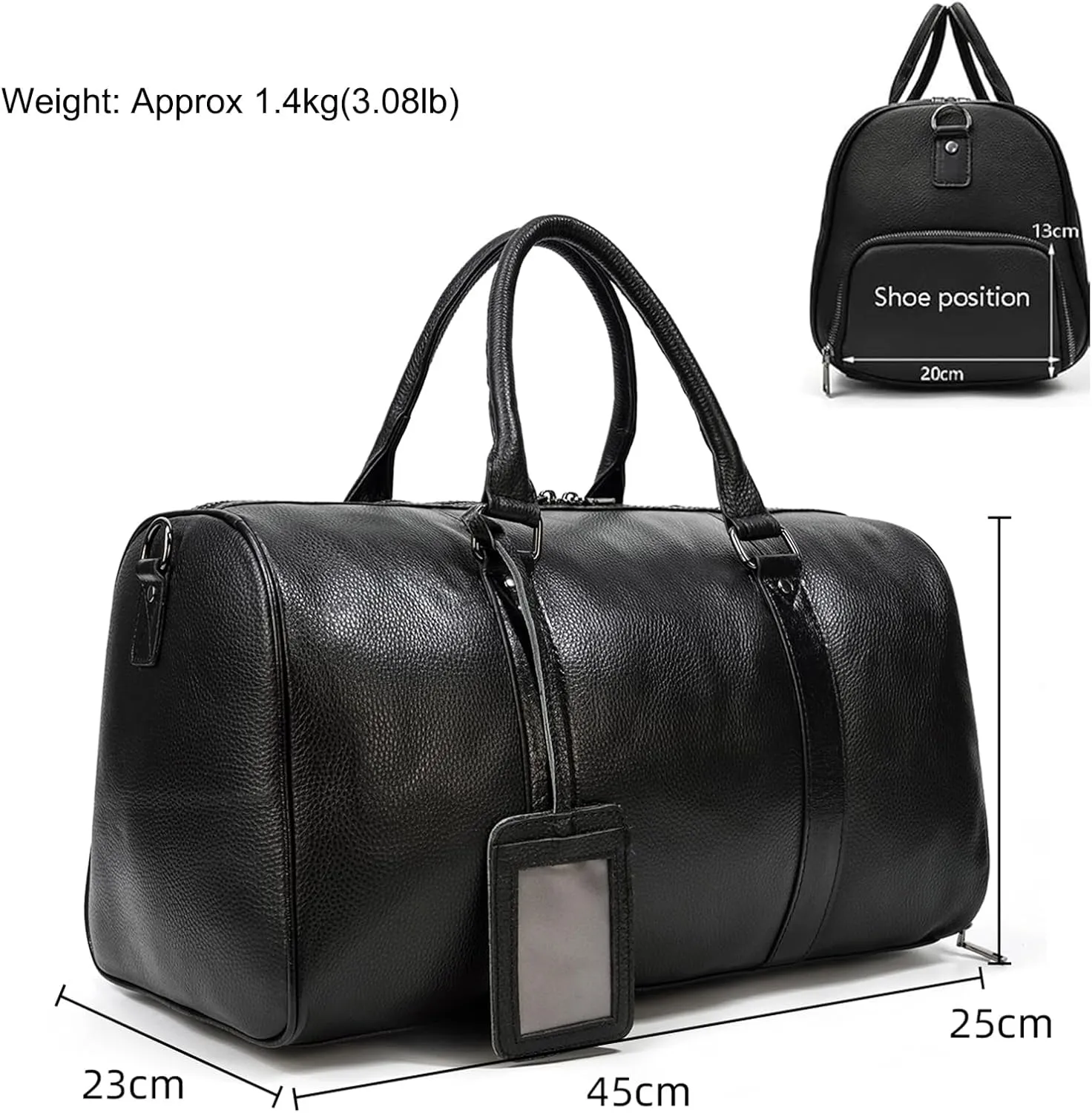 Leather Travel Bag for Men Large Capacity Luggage Duffel Bag with Shoe Compartment, Weekend Handbag for Holiday Business Trip 45cm, Black