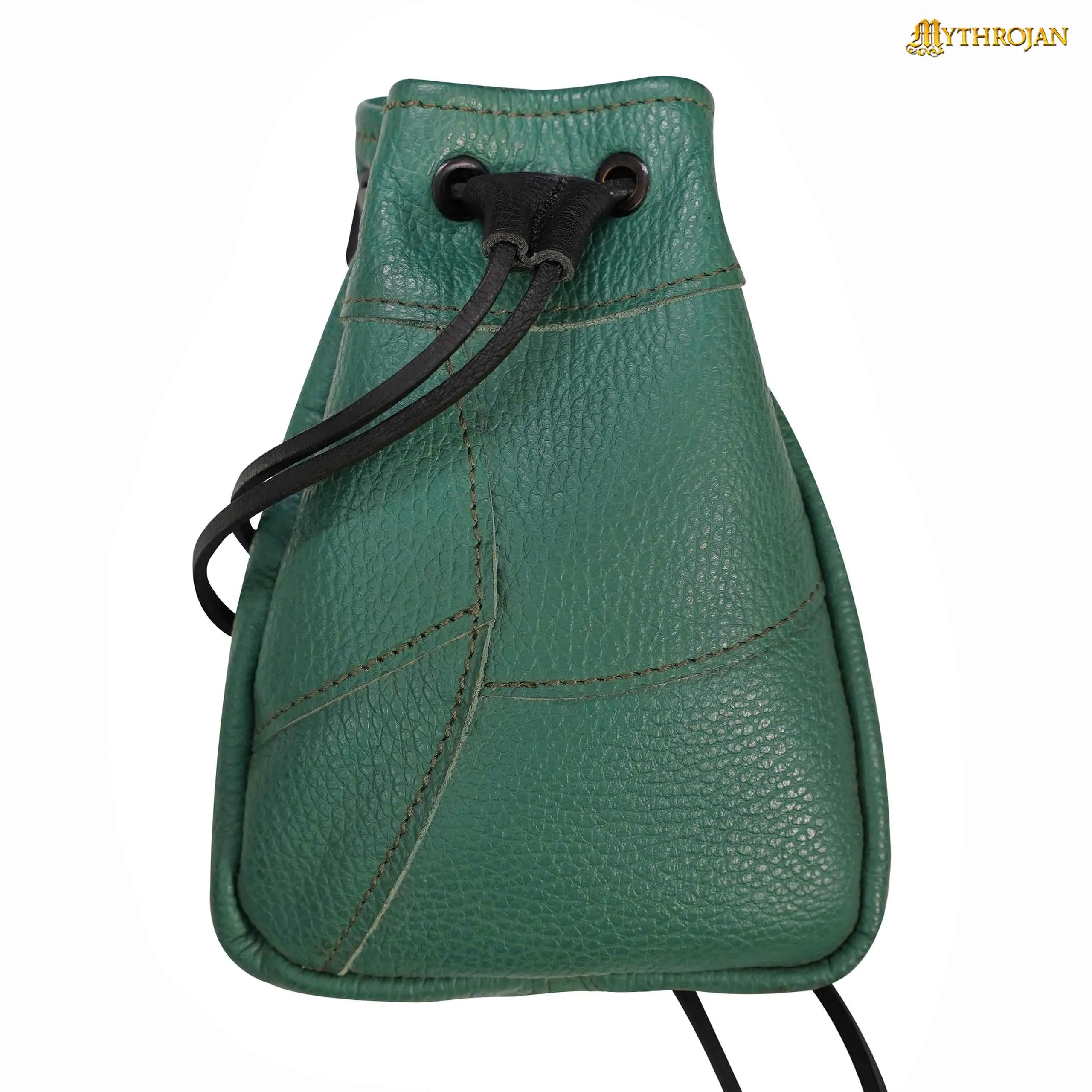 Mythrojan Medieval Drawstring Bag, Ideal for SCA LARP Reenactment & Ren fair - Full Grain Leather, Black 7”×5