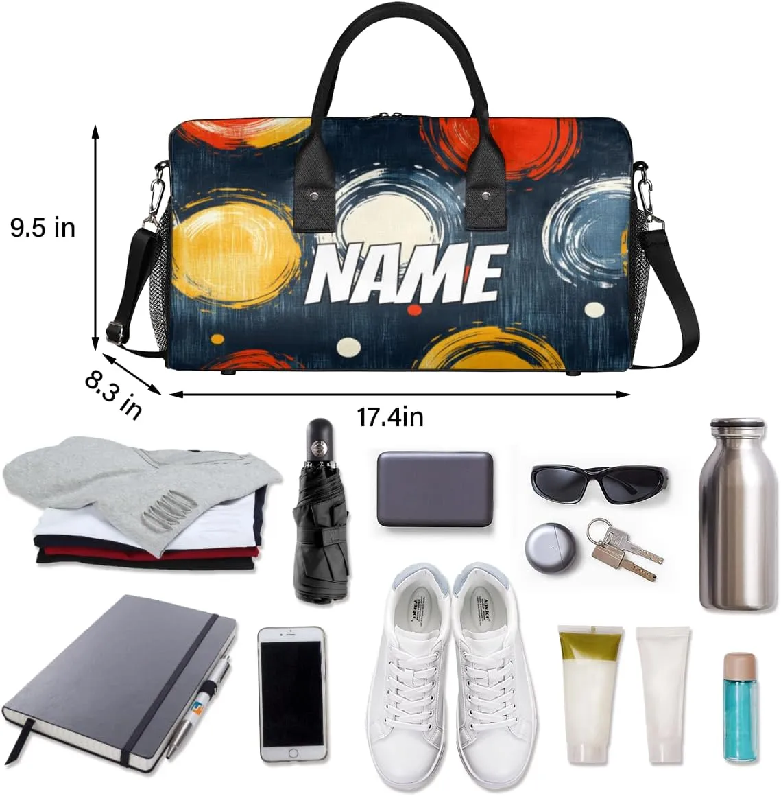 Personalized Boho Circle Travel Duffel Bag with Name, Custom Gym Sport Bag Colorful Geometric Carry On Weekend Overnight Duffel Tote for Men Women