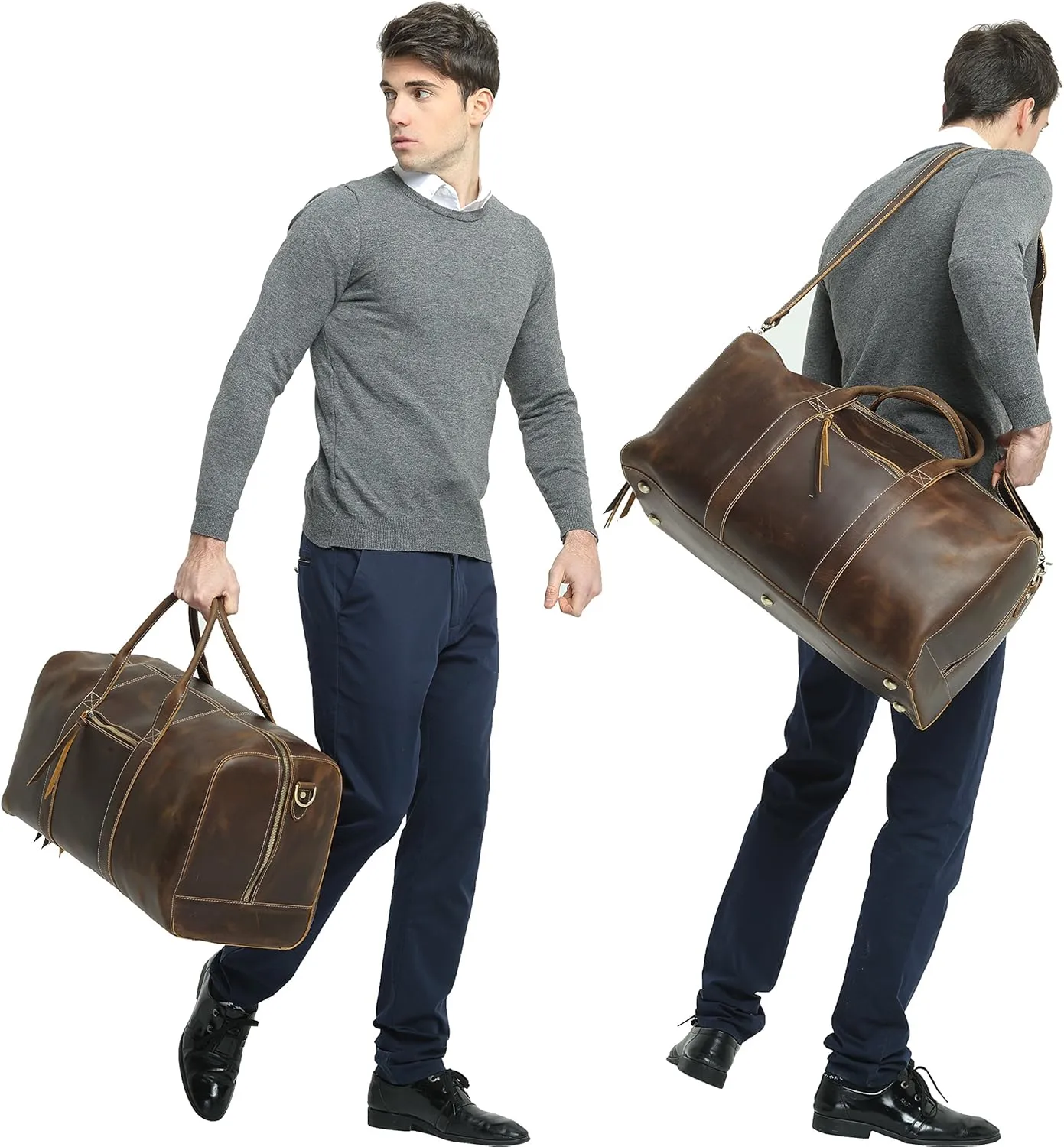 Polare Leather Duffle Weekend Travel Bag For Men With Full Grain Cowhide Leather 23.2'' Duffel Bag (Large-Brown(23.2") Updated Version)