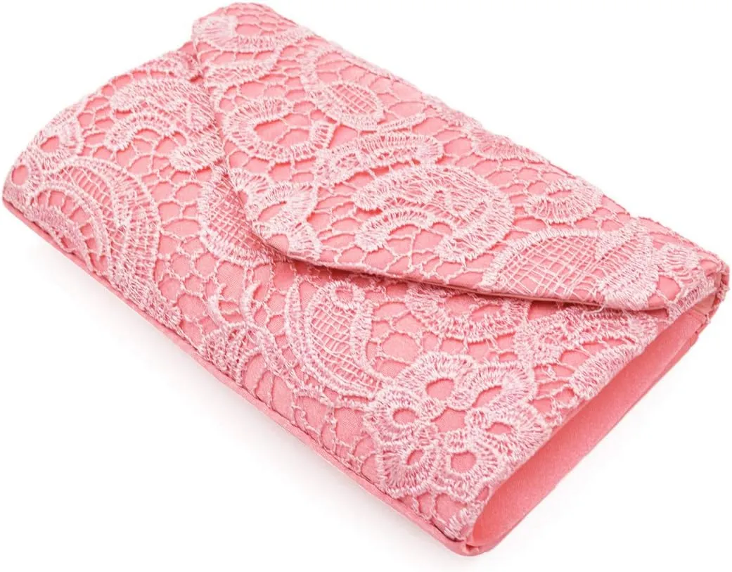 Premium Lace Paisley Floral Fabric Satin Envelope Flap Clutch Evening Bag