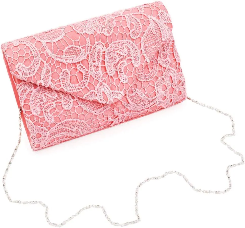 Premium Lace Paisley Floral Fabric Satin Envelope Flap Clutch Evening Bag