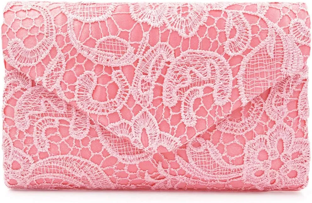 Premium Lace Paisley Floral Fabric Satin Envelope Flap Clutch Evening Bag