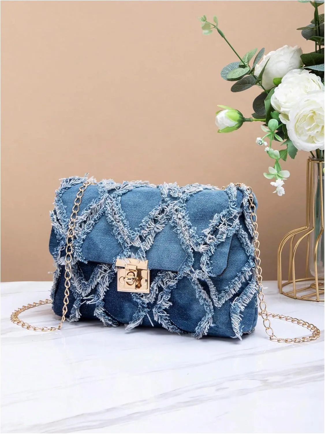 QWINEE Women's Distressed Denim Crossbody Bag Twist Lock Quilted Handbag Mini Jean Purse with Chain Strap