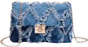 QWINEE Women's Distressed Denim Crossbody Bag Twist Lock Quilted Handbag Mini Jean Purse with Chain Strap
