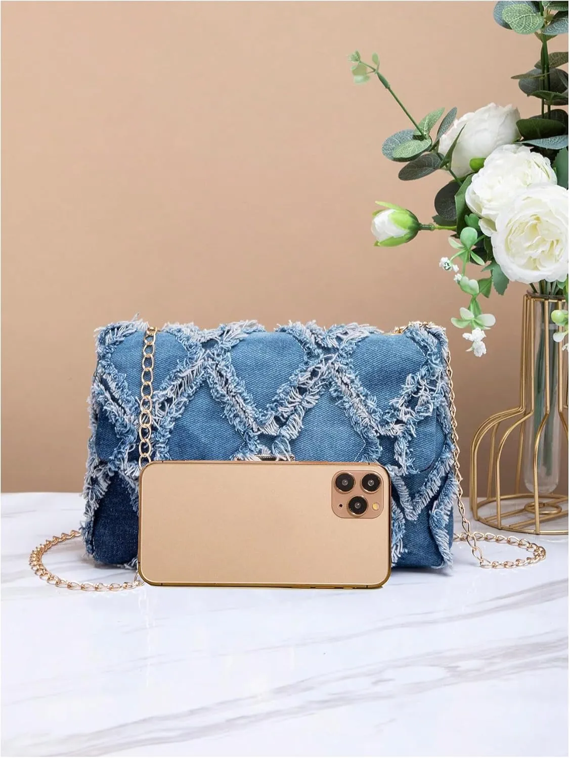 QWINEE Women's Distressed Denim Crossbody Bag Twist Lock Quilted Handbag Mini Jean Purse with Chain Strap