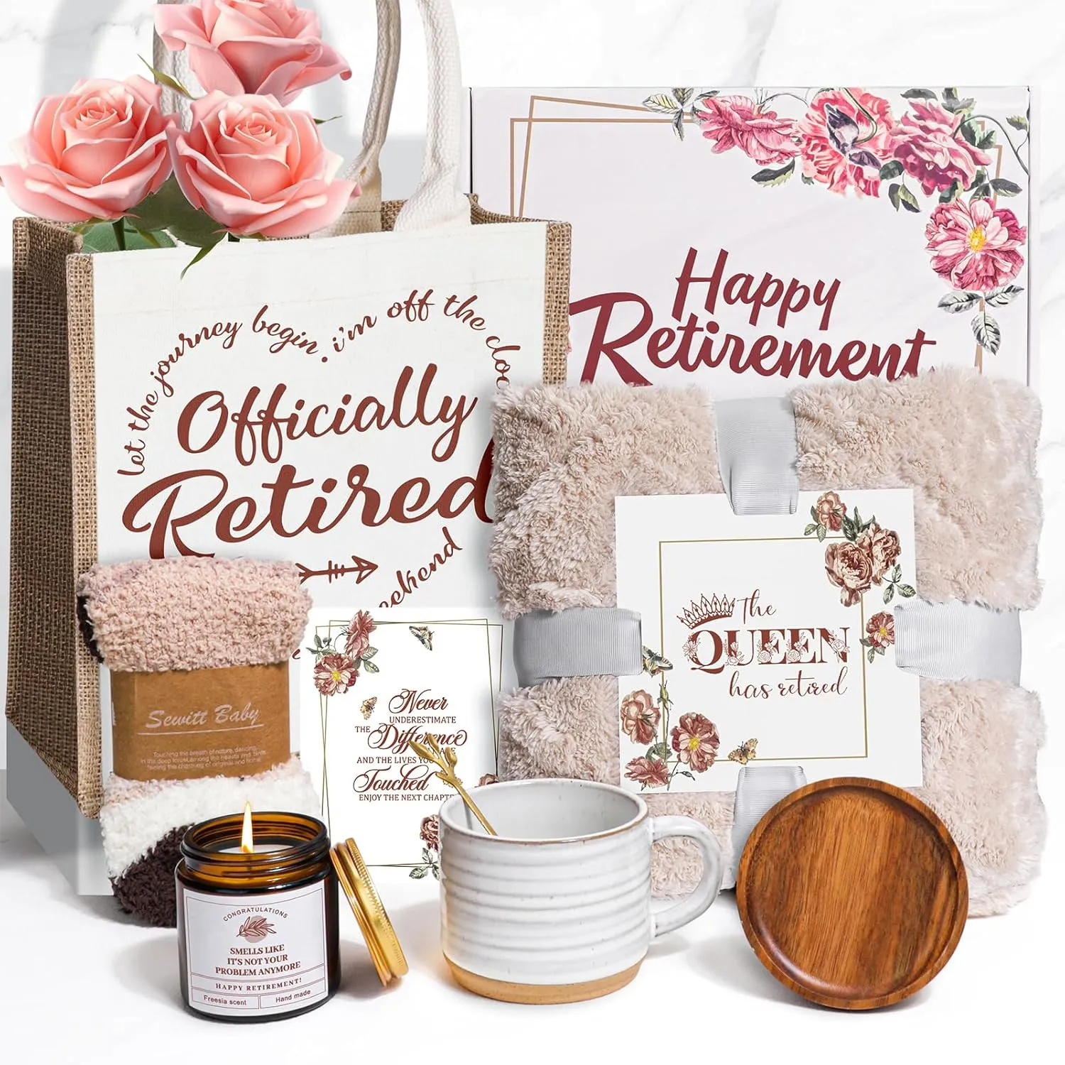 Retirement Gifts for Women , Funny Luxury Gift Box Set with Blanket, Mug with Lid and Spoon, Candle, Socks, Tote Bag, Card ,Happy Retirement Gift for Coworker, Boss, Friend, Mom, Teacher