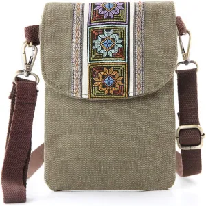 SILKAREA Vintage Embroidered Canvas Flip Small Crossbody Bag Cell Phone Pouch for Women Wristlet Wallet Bag Coin Purse