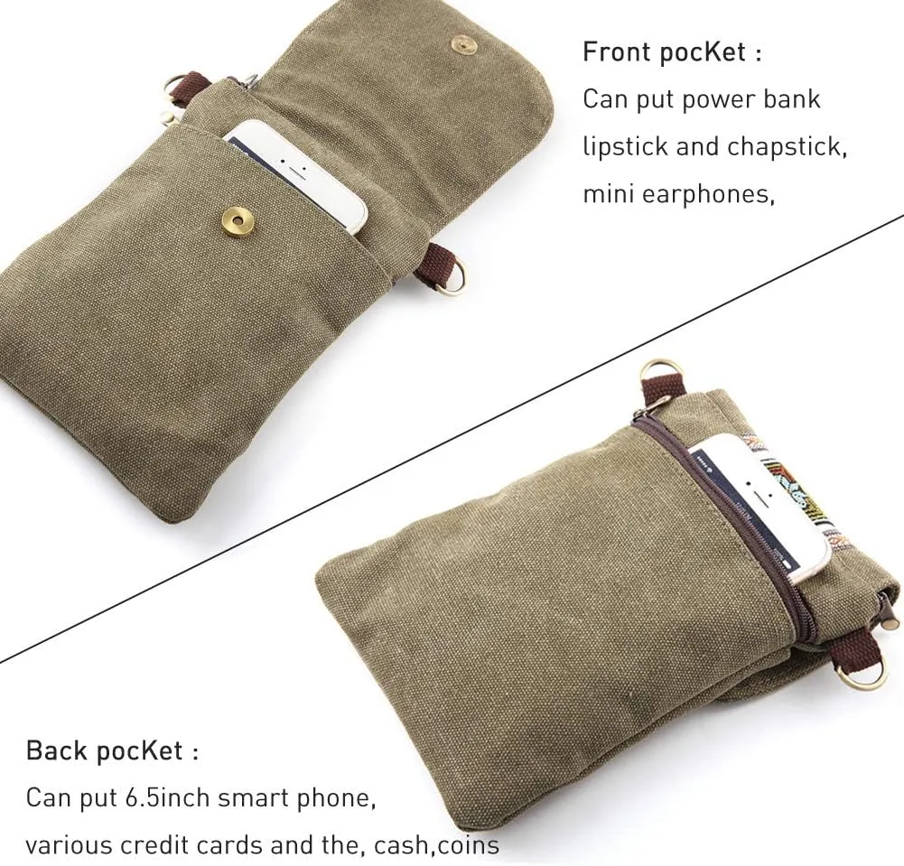 SILKAREA Vintage Embroidered Canvas Flip Small Crossbody Bag Cell Phone Pouch for Women Wristlet Wallet Bag Coin Purse