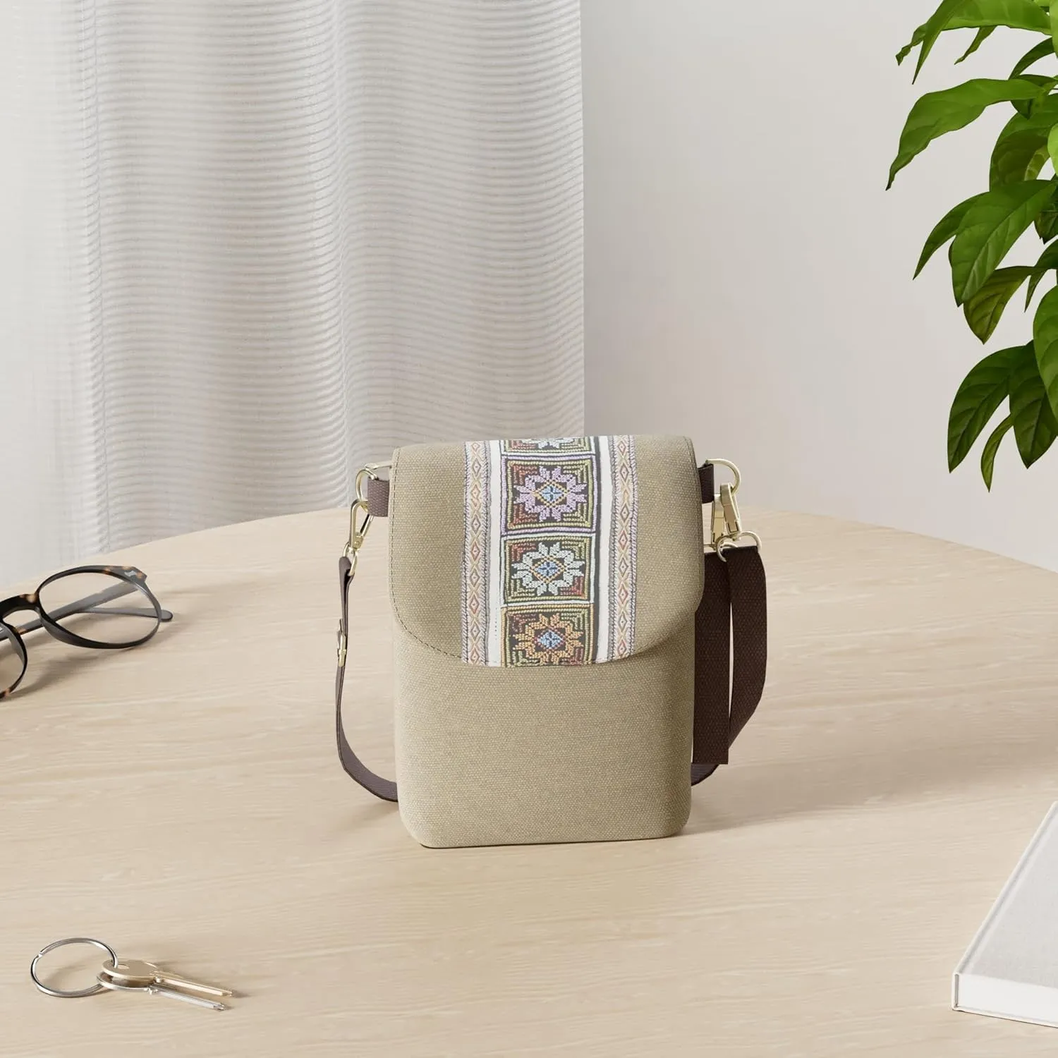SILKAREA Vintage Embroidered Canvas Flip Small Crossbody Bag Cell Phone Pouch for Women Wristlet Wallet Bag Coin Purse
