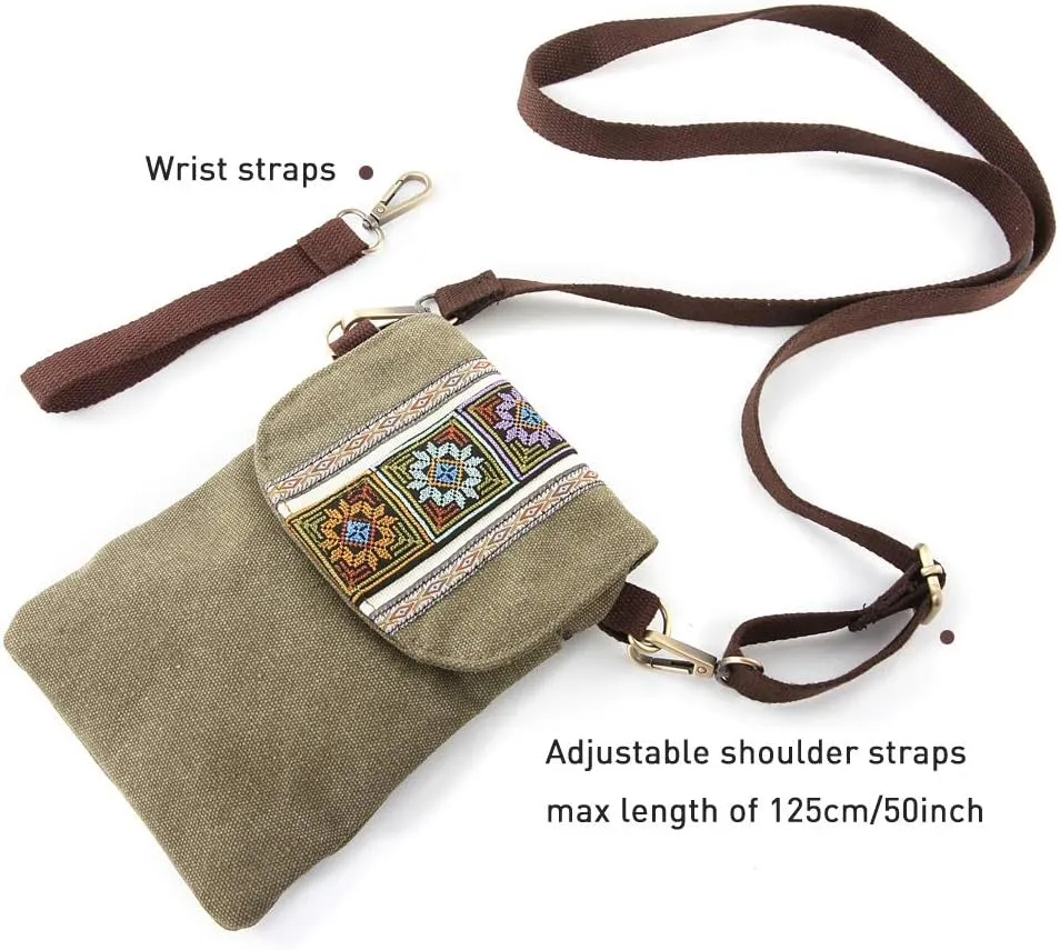 SILKAREA Vintage Embroidered Canvas Flip Small Crossbody Bag Cell Phone Pouch for Women Wristlet Wallet Bag Coin Purse